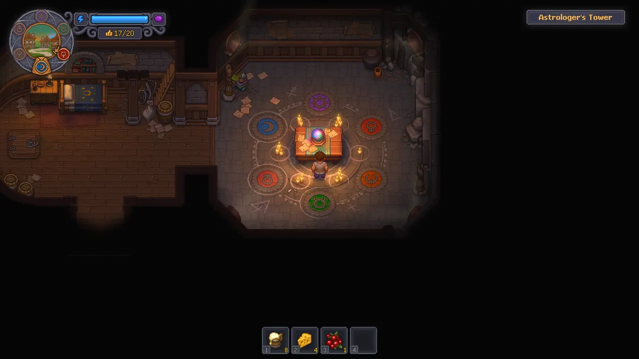 The Keeper approaching a tall stone tower in Graveyard Keeper 2