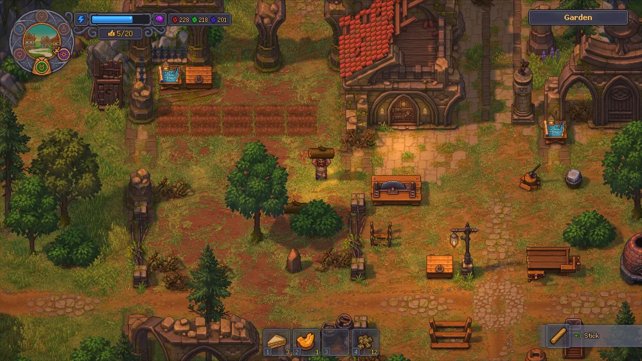 The Keeper standing beside crop plots in the Graveyard Keeper 2 garden