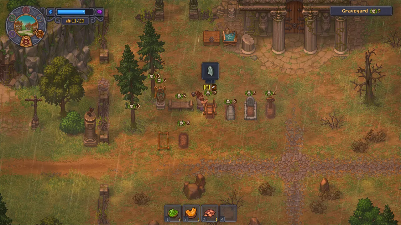 The Keeper walking through the Graveyard Keeper 2 cemetery near the church