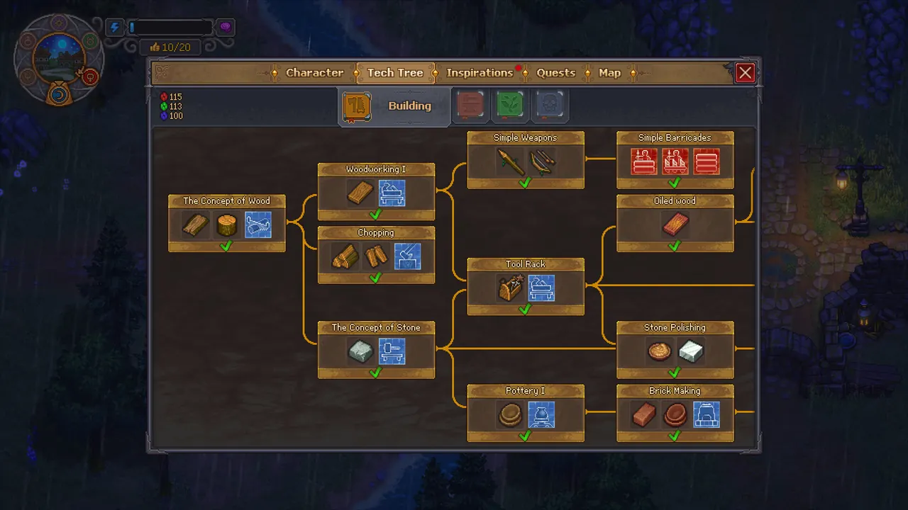 The Graveyard Keeper 2 technology tree showing connected unlock nodes