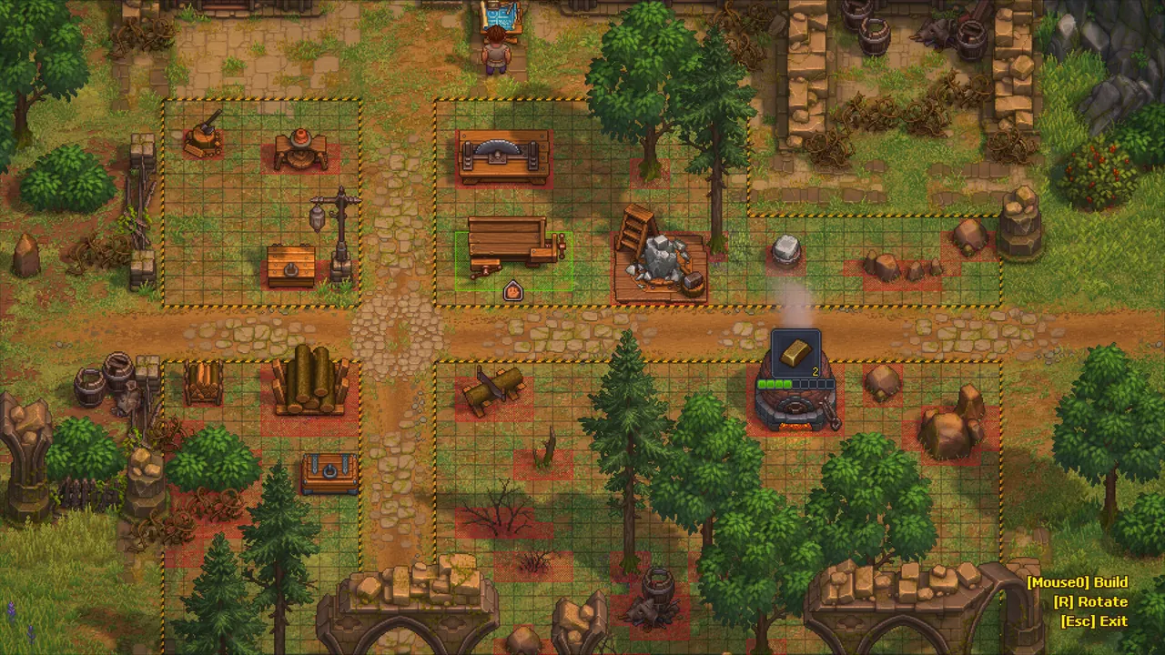 An outdoor Graveyard Keeper 2 work area with crafting stations arranged around the Keeper